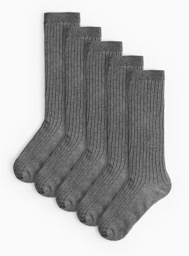 Grey Ribbed Long Socks 5 Pack - Grey
