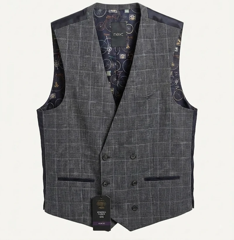 Classic Double-Breasted Check Waistcoat - Charcoal Grey