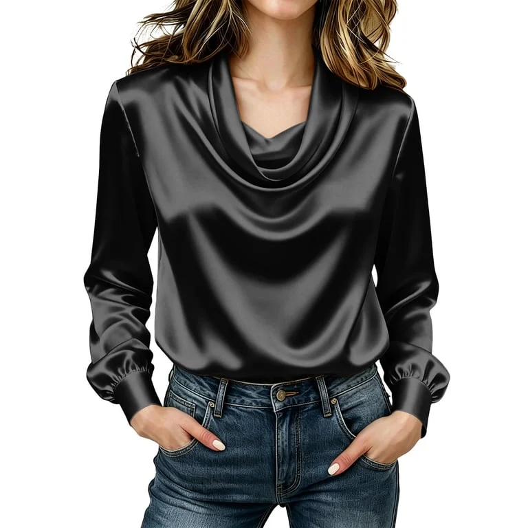 Satin Blouse Women Drape Silk Ruched Cowl Neck Top