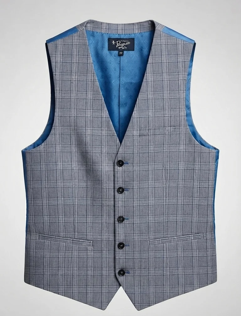 Grey and Blue Plaid Waistcoat