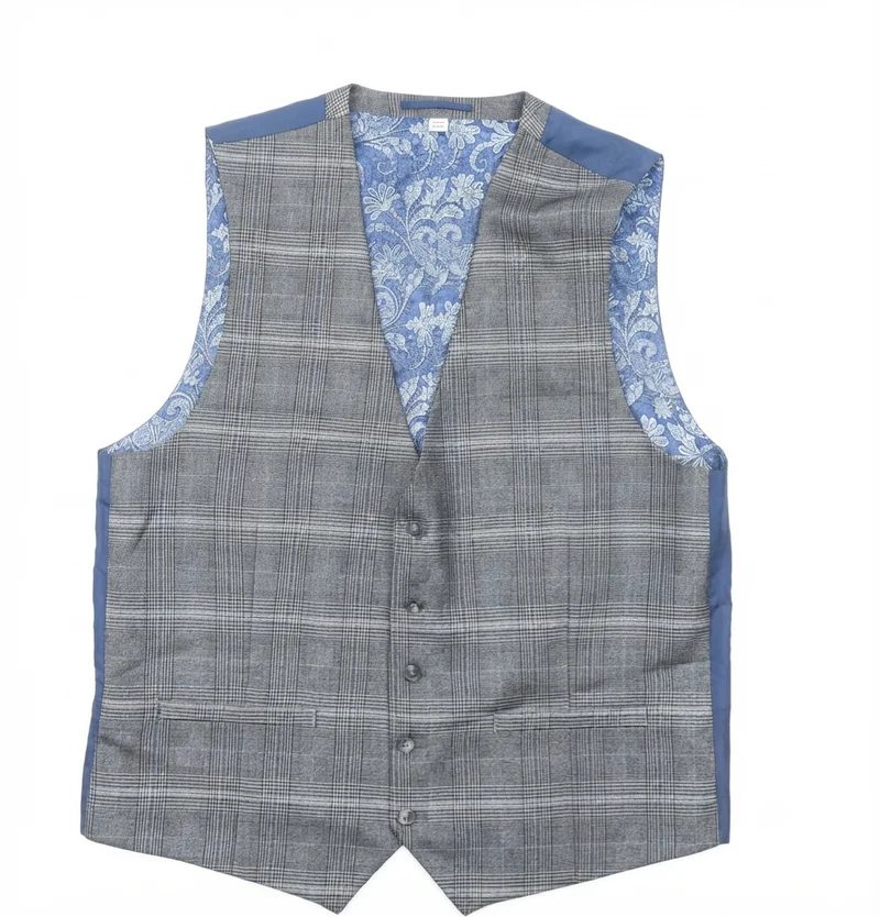 Grey Plaid With Blue Paisley Floral Lining Waistcoat