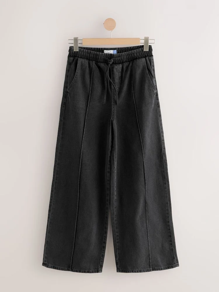 Washed Black Pintuck Wide Leg Denim Jogger