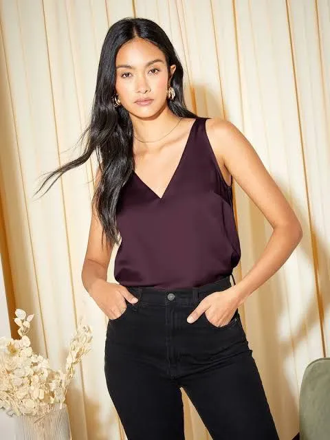 Burgundy V-Neck Satin Cami Top
