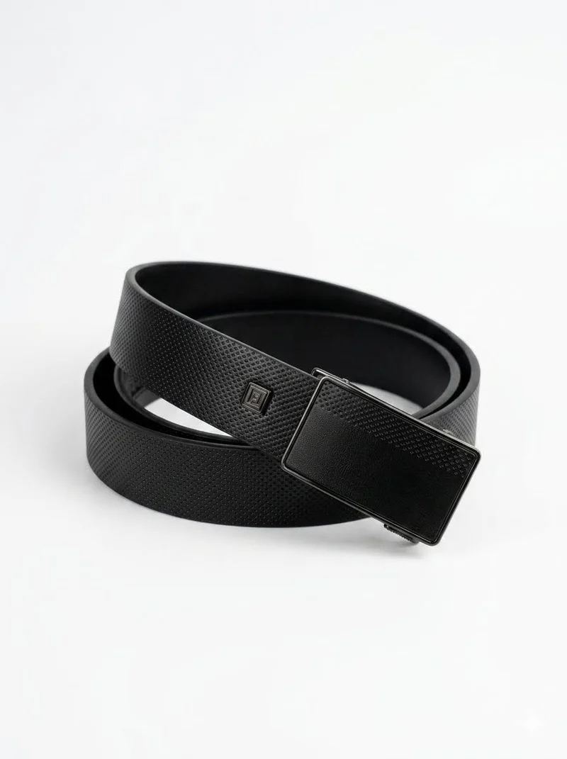 Textured Automatic Buckle Leather Belt - Black