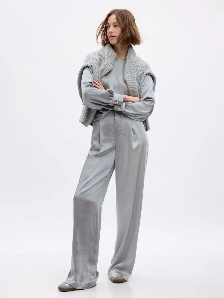 Grey High Waisted Pleated Satin Wide Leg Trousers