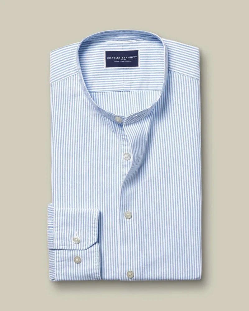 Collarless Stretch Washed Oxford Stripe Slim Fit Shirt