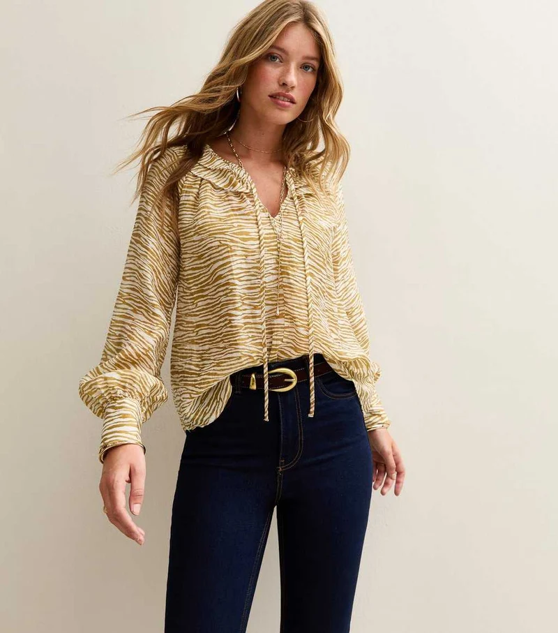 Yellow Zebra Print Frill Long Sleeve Blouse