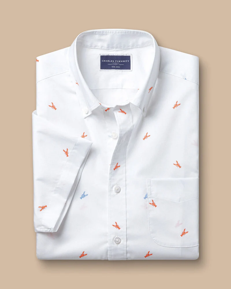 Slim Fit Non-Iron Lobster Print Short Sleeve Shirt - White Multi