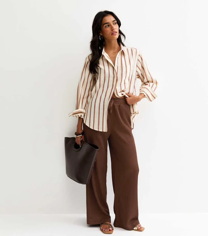 Brown Textured Jersey Wide Leg Trouser