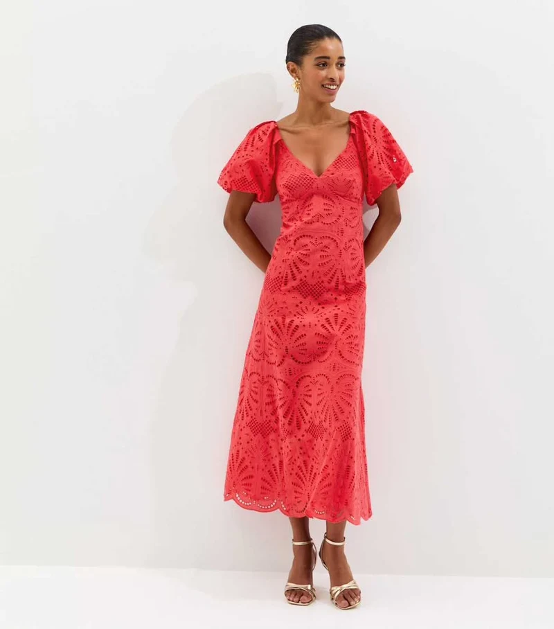 Dark Coral Cutwork Tie Back midi Dress