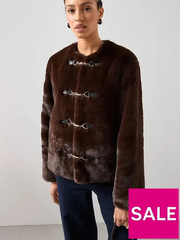 Faux Fur Collarless Jacket With Buckle Detail