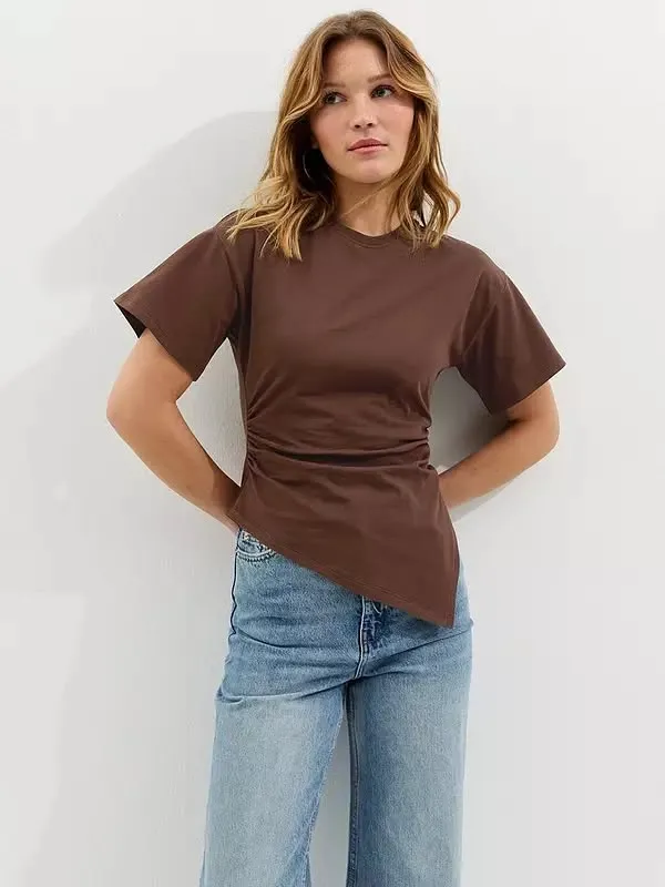 Asymmetric Split Hem Corset T-Shirt Dark Brown