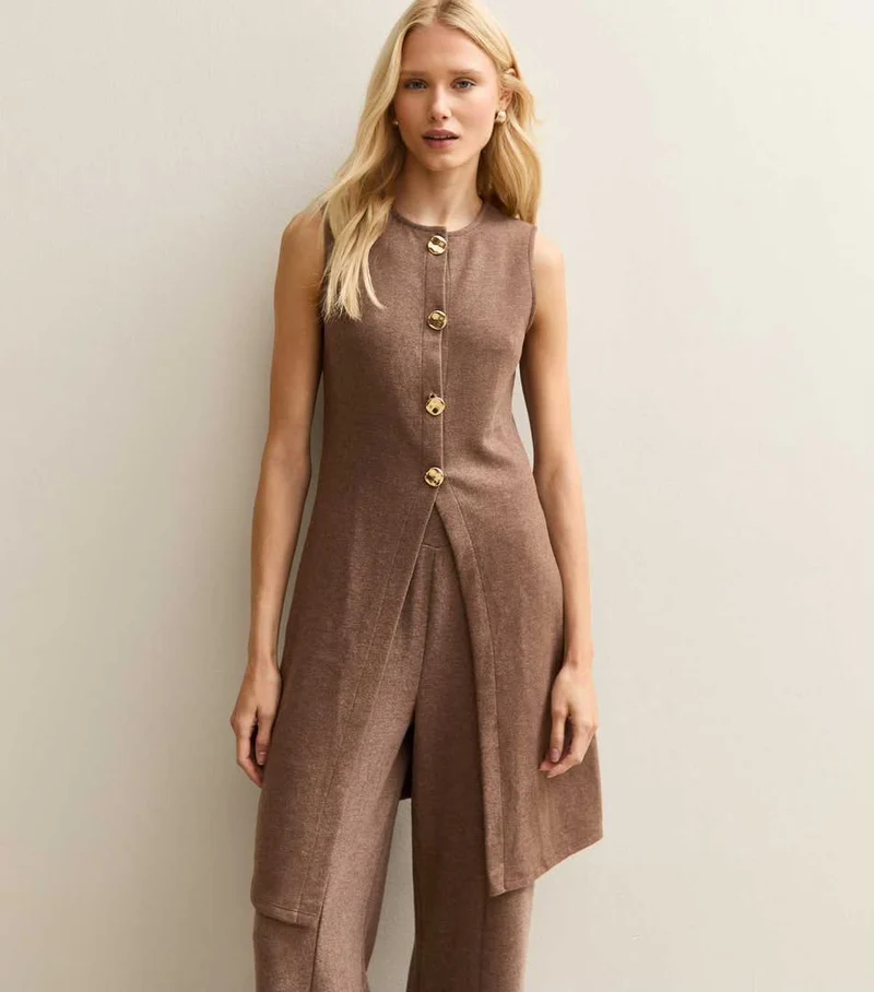 Brown Soft Longline Button Up Waistcoat