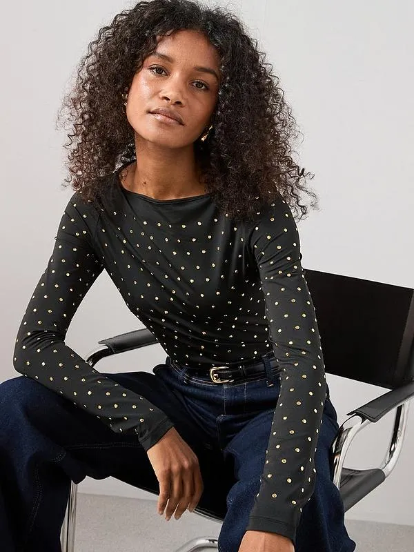 Stud Embellished Slash Neck Top Black