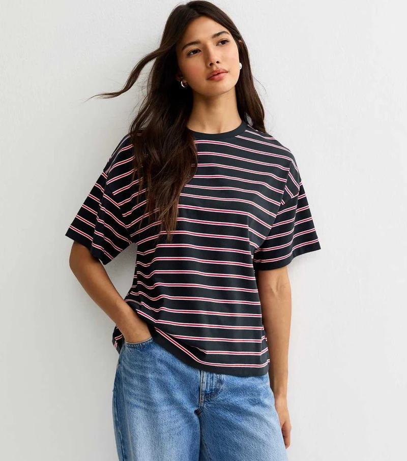 Navy Striped Boxy Crew Neck T-Shirt
