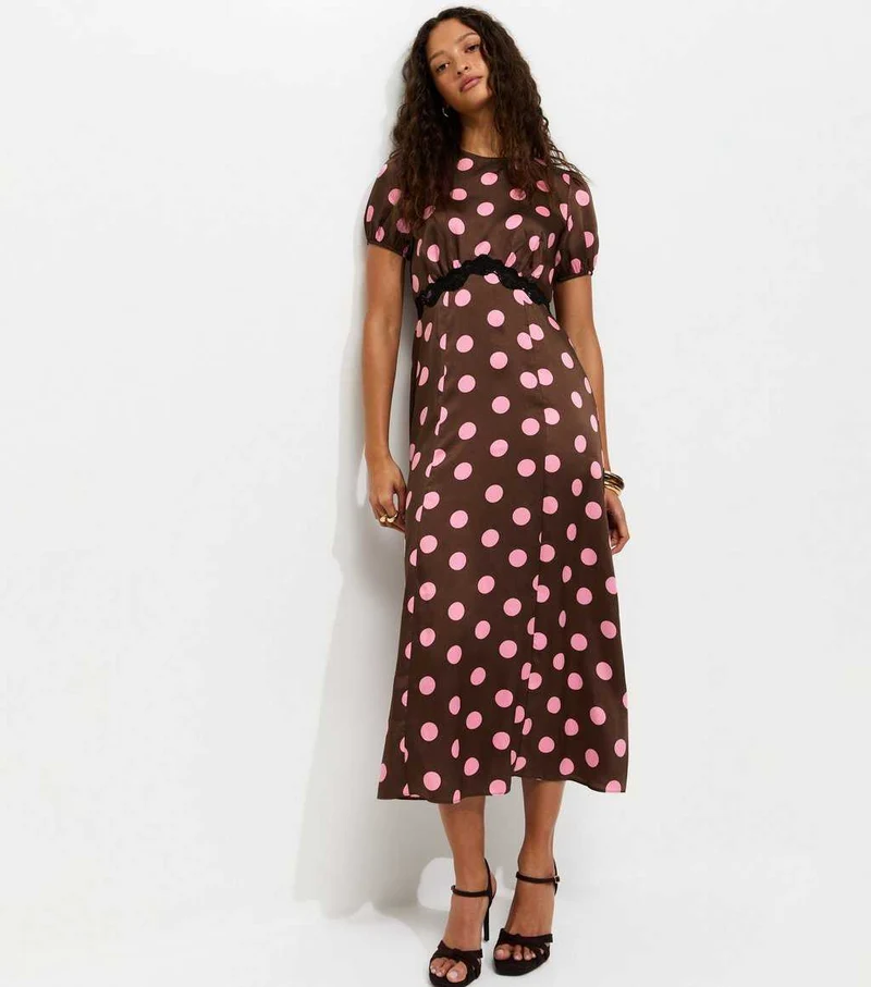 Brown Satin Polkadot Puff Sleeve Midi Dress