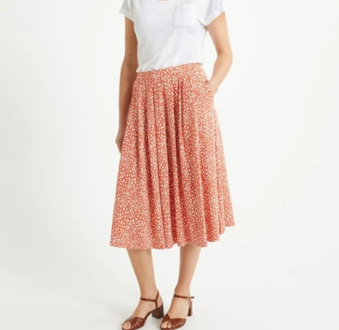 Flared Midi Skirt With Floral Pattern In Orange