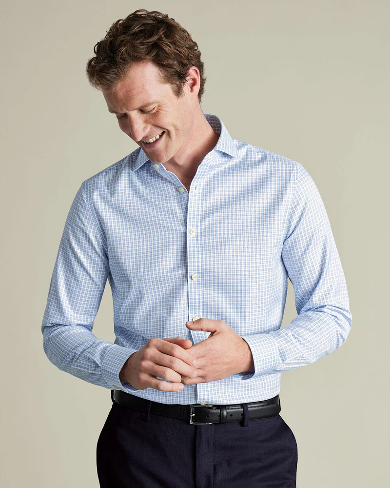 Cutaway Collar Non-Iron Twill Check Slim Fit Shirt - Cornflower Blue
