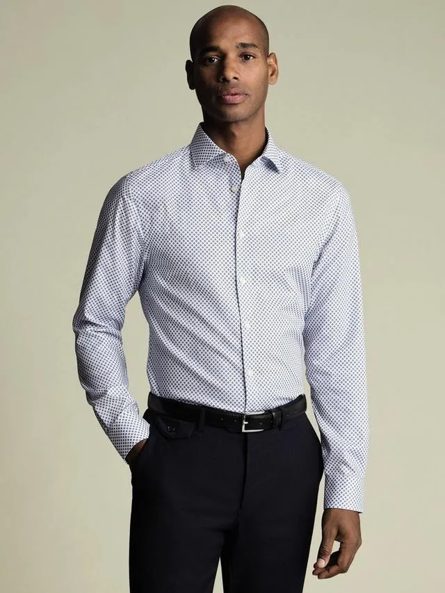 Non Iron Stretch Diamond Print Slim Fit Shirt - Denim Blue