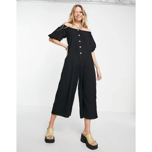 Off Shoulder Button Front Dobby Jumpsuit