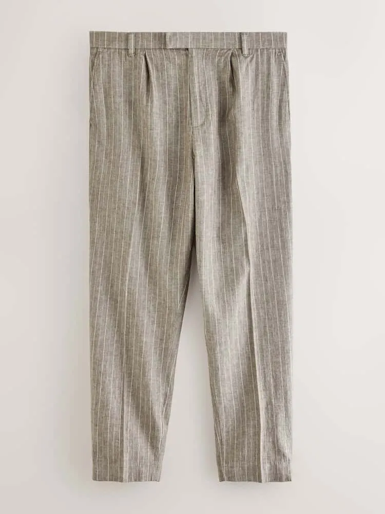 Neutral Regular Fit Linen Blend Stripe Elasticated Back Trousers