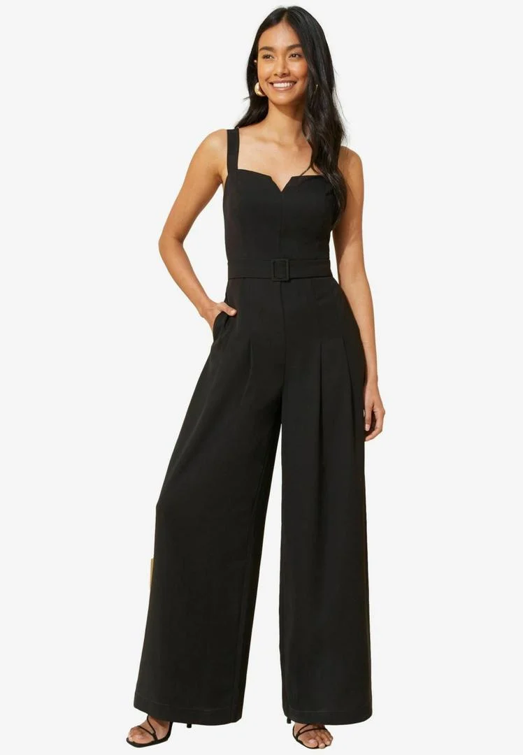 Twill Strappy Belted Wide Leg Tall Jumpsuit Black