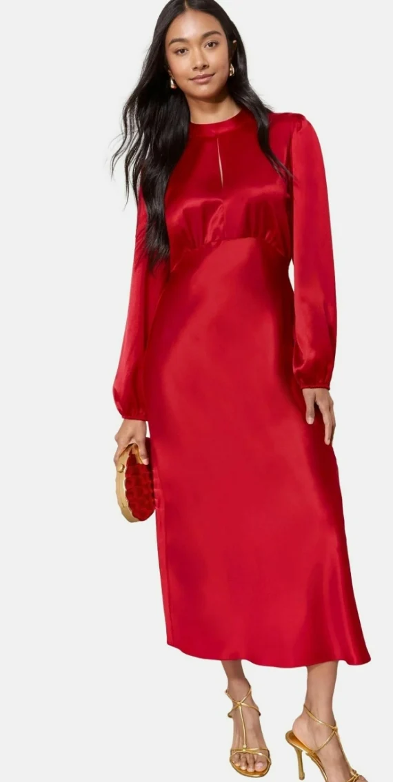 Satin Long Puff Sleeve High Neck Midi Dress
