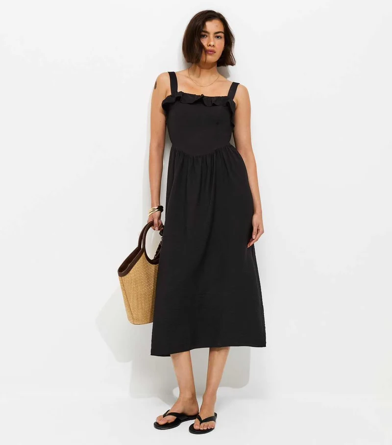 Black Square Neck Frilly Trim Midi Dress