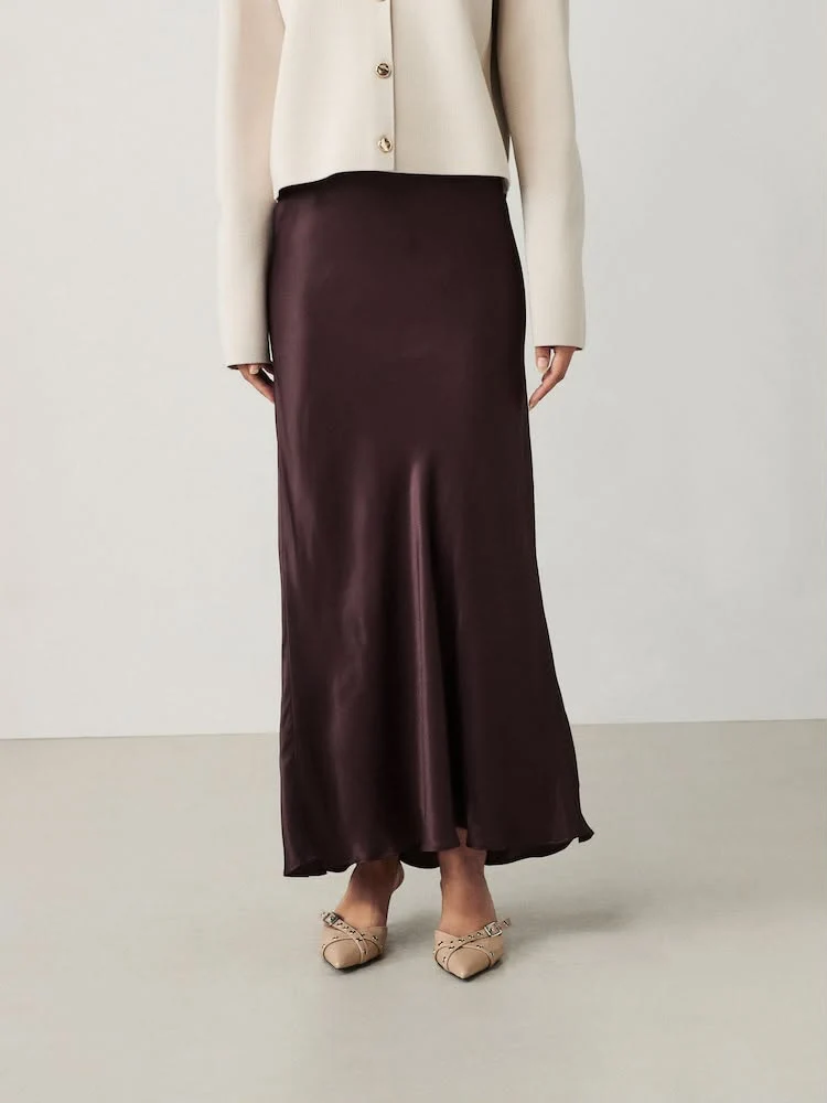 Chocolate Brown Satin Midi Skirt