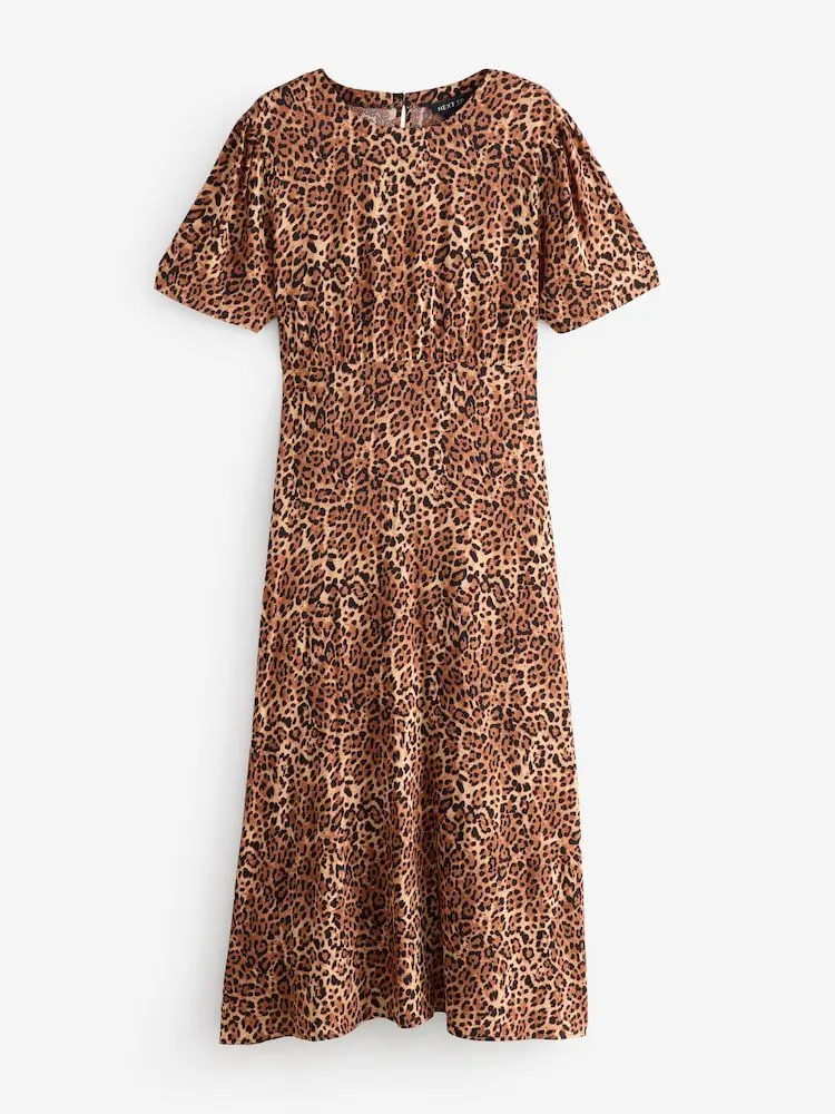 Tan Brown Short Sleeve Animal All-Over Print Waist Maxi