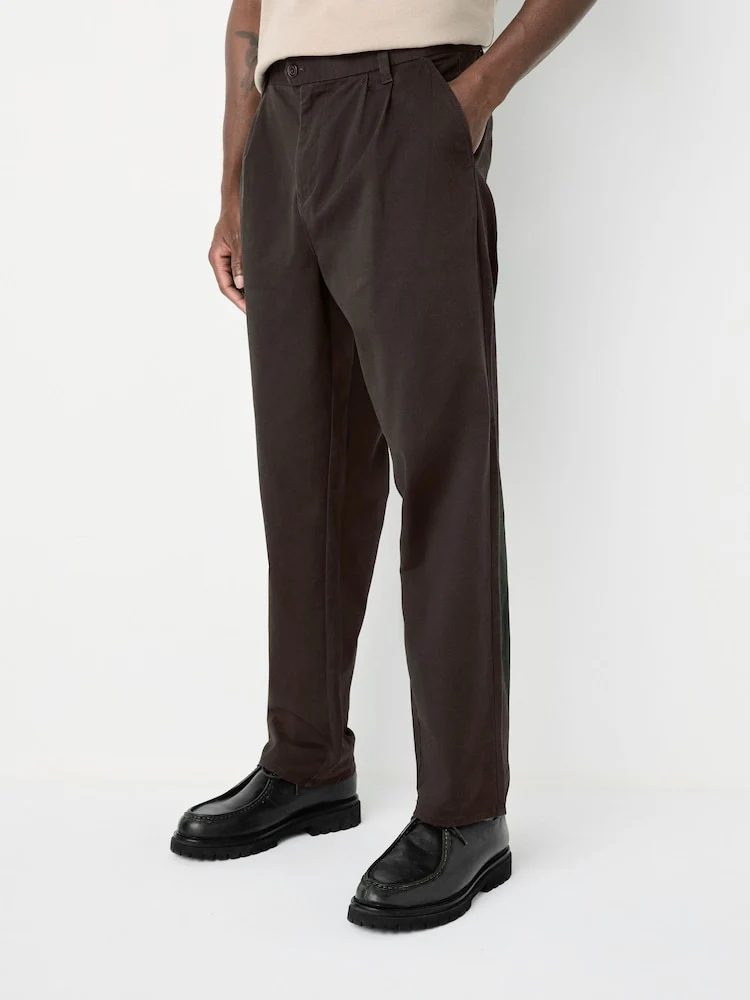 Brown Twin Pleat Regular Relaxed Tapered Chinos