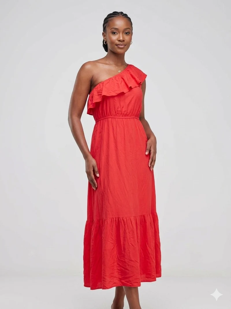 One-Shoulder Midi Dress - Red