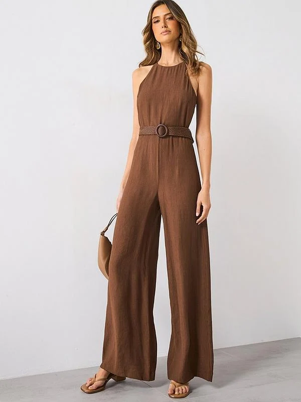 Mango Halter-Neck Jumpsuit With Belt - Brown