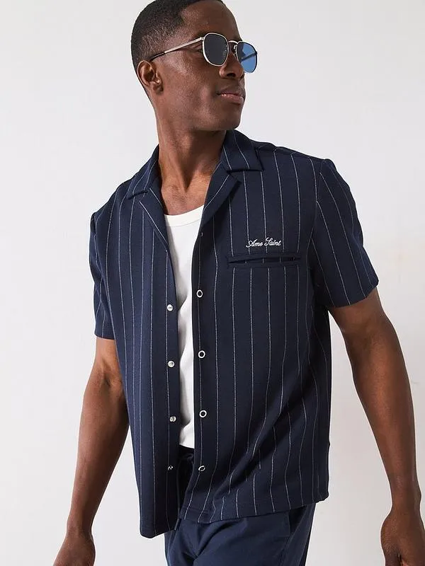 River Island Short Sleeve Regular Fit Pin Stripe Shirt - Navy
