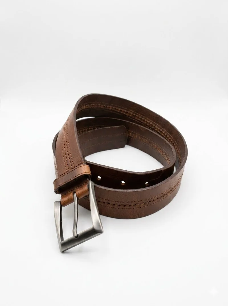 Double-Stitched Leather Belt - Dark Brown