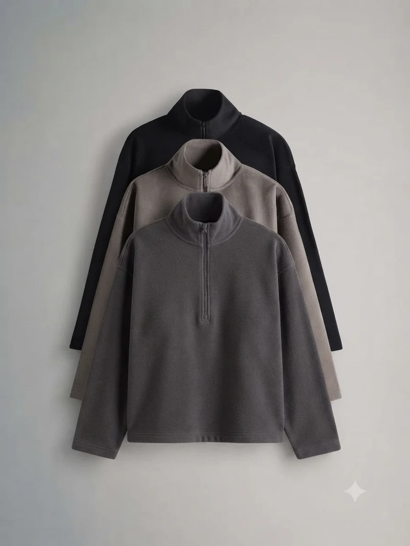 3 Pack Quarter Zip Microfleece Jumpers Black/Taupe Brown/Gray