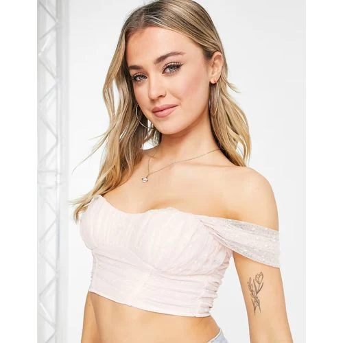 Pleated Dobby Mesh Bordot Crop Top In Blush