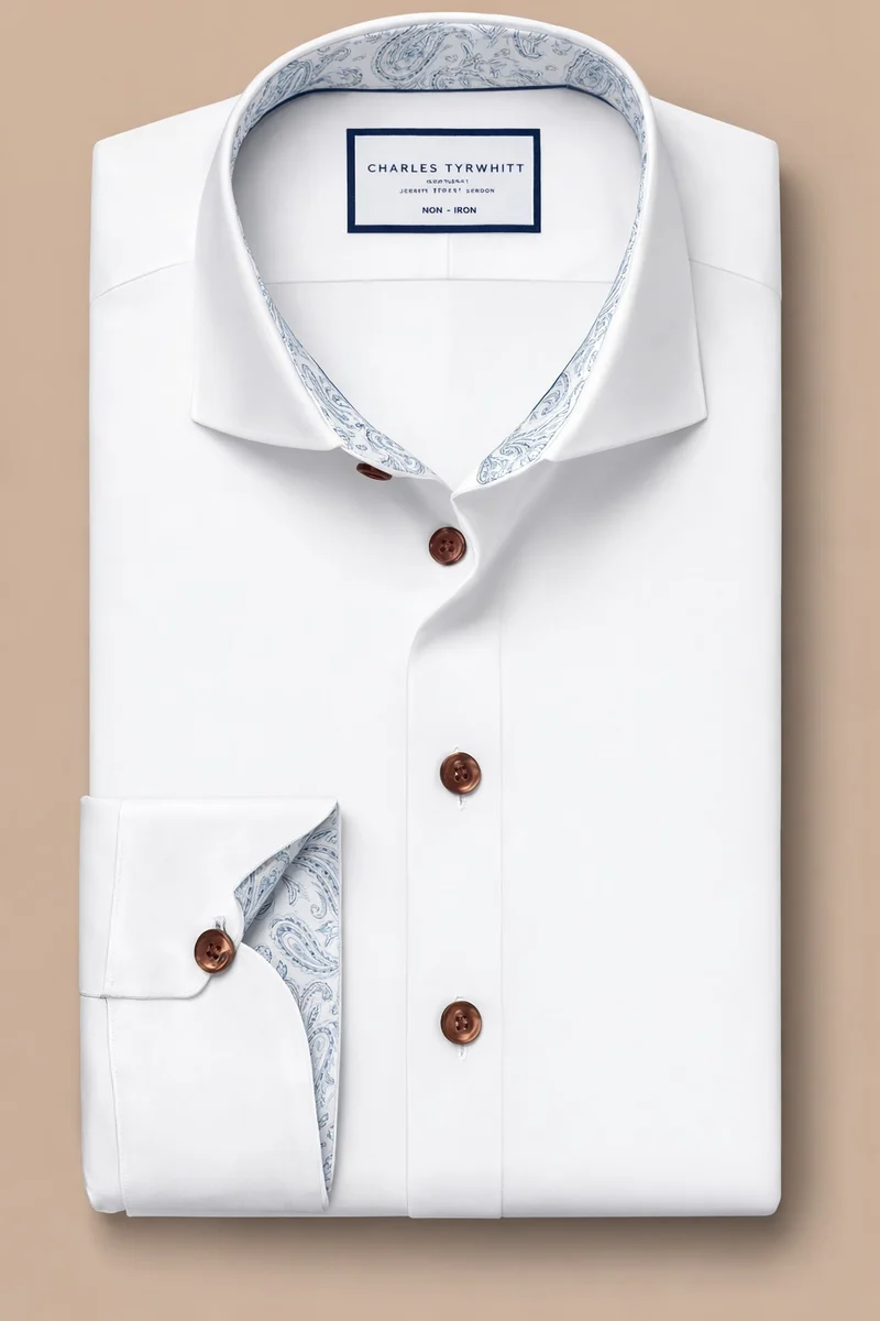 Semi Cutaway Collar Non-Iron Twill Paisley Trim Slim fit Shirt - white