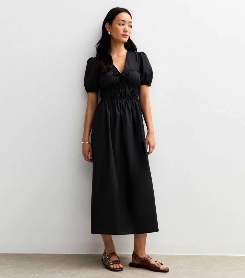 Black V Neck Shired Bodice Bow Front Midi