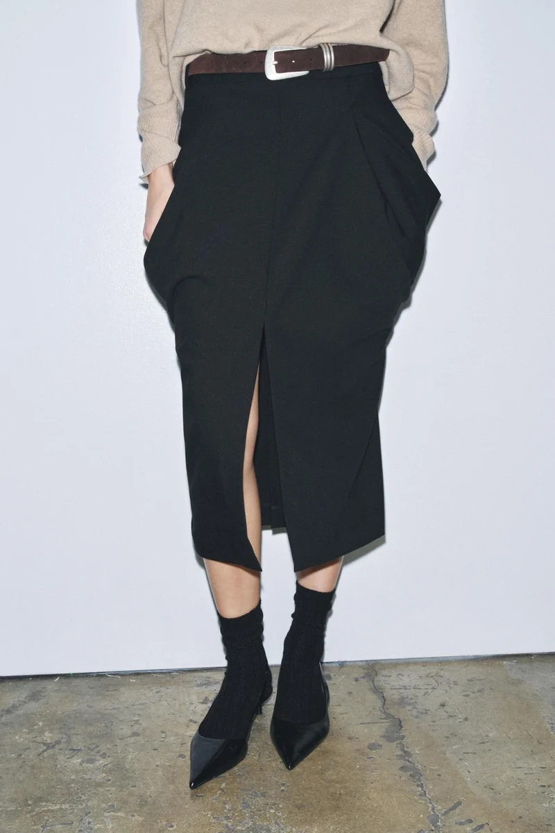 Draped Design With A Front Slit Black Skirt
