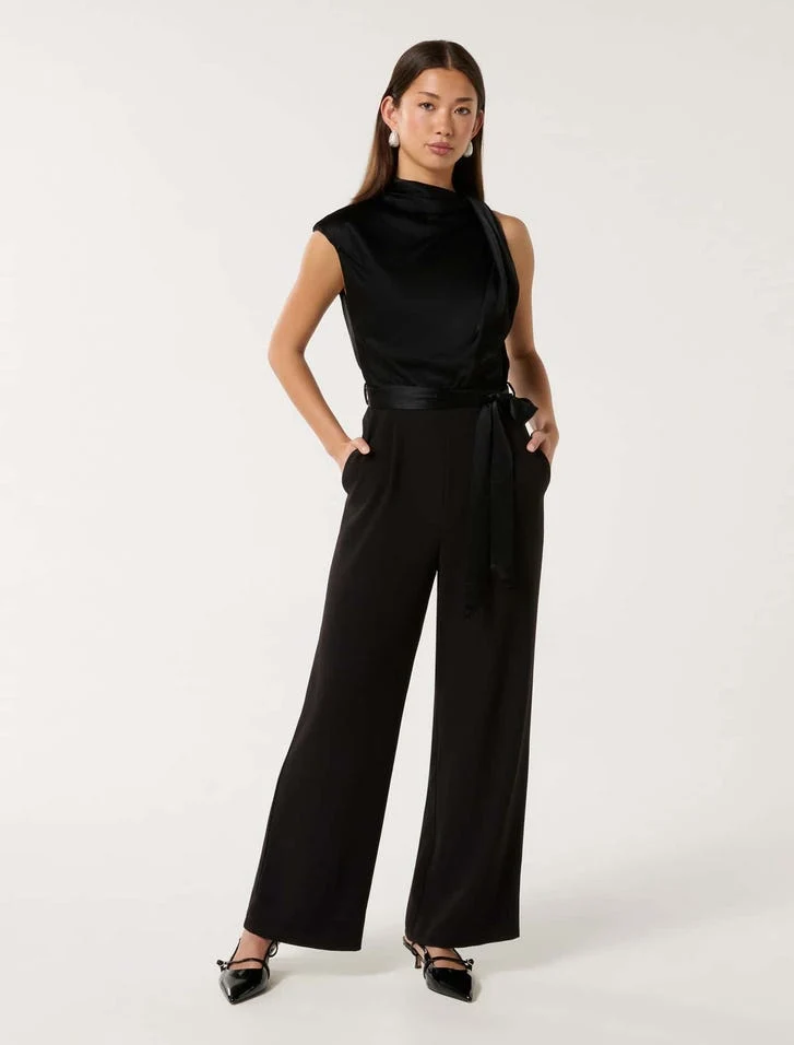 Forever New Black Sienna Satin Asymmetric Jumpsuit