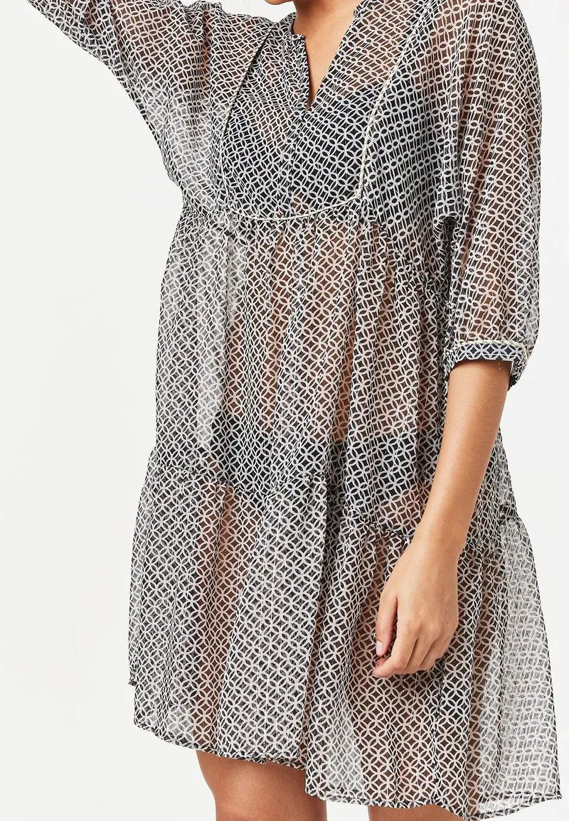 Sheer Black And White Long Sleeves Beach Dress