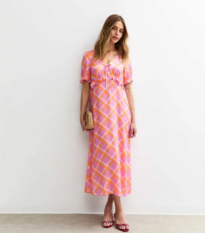 Pink Check Print Ruffle Front Satin Midi Dress