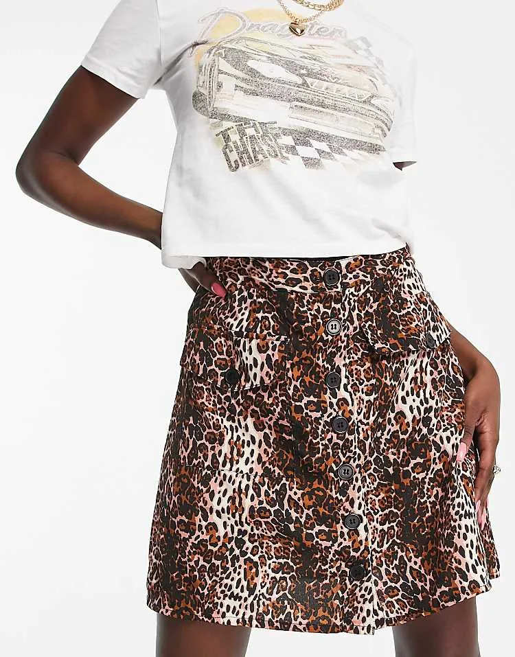 Button Through Mini A-Line Skirt In Grunge Leopard
