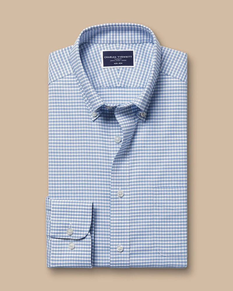 Slim Fit Button-Down Collar Non-Iron Stretch Oxford Check Shirt - Ocean Blue