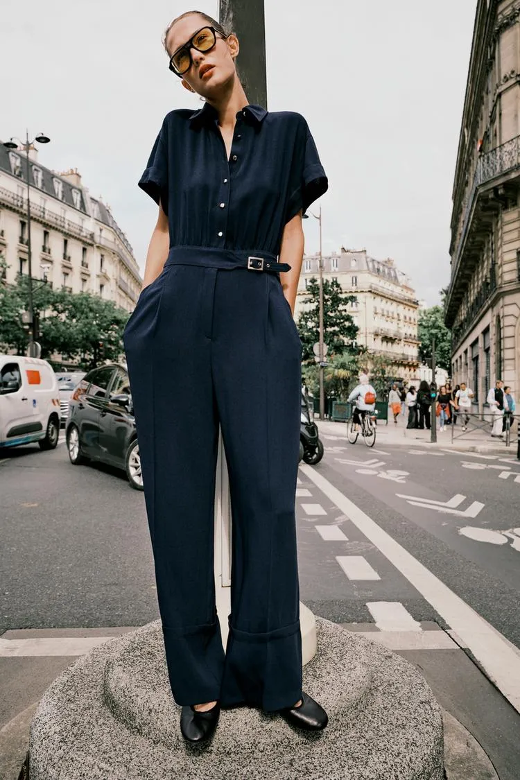 Zara Crepe Jumpsuit In Navy Blue