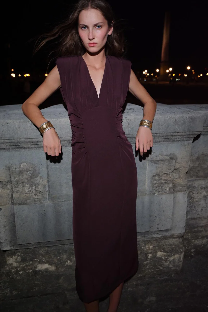 DRAPED MIDI DRESS Aubergine