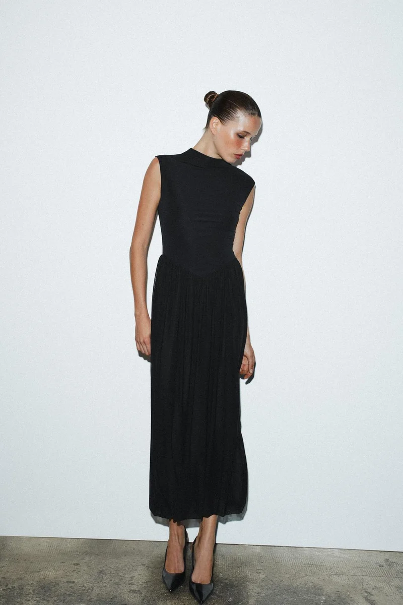 LONG CONTRAST TULLE DRESS Black