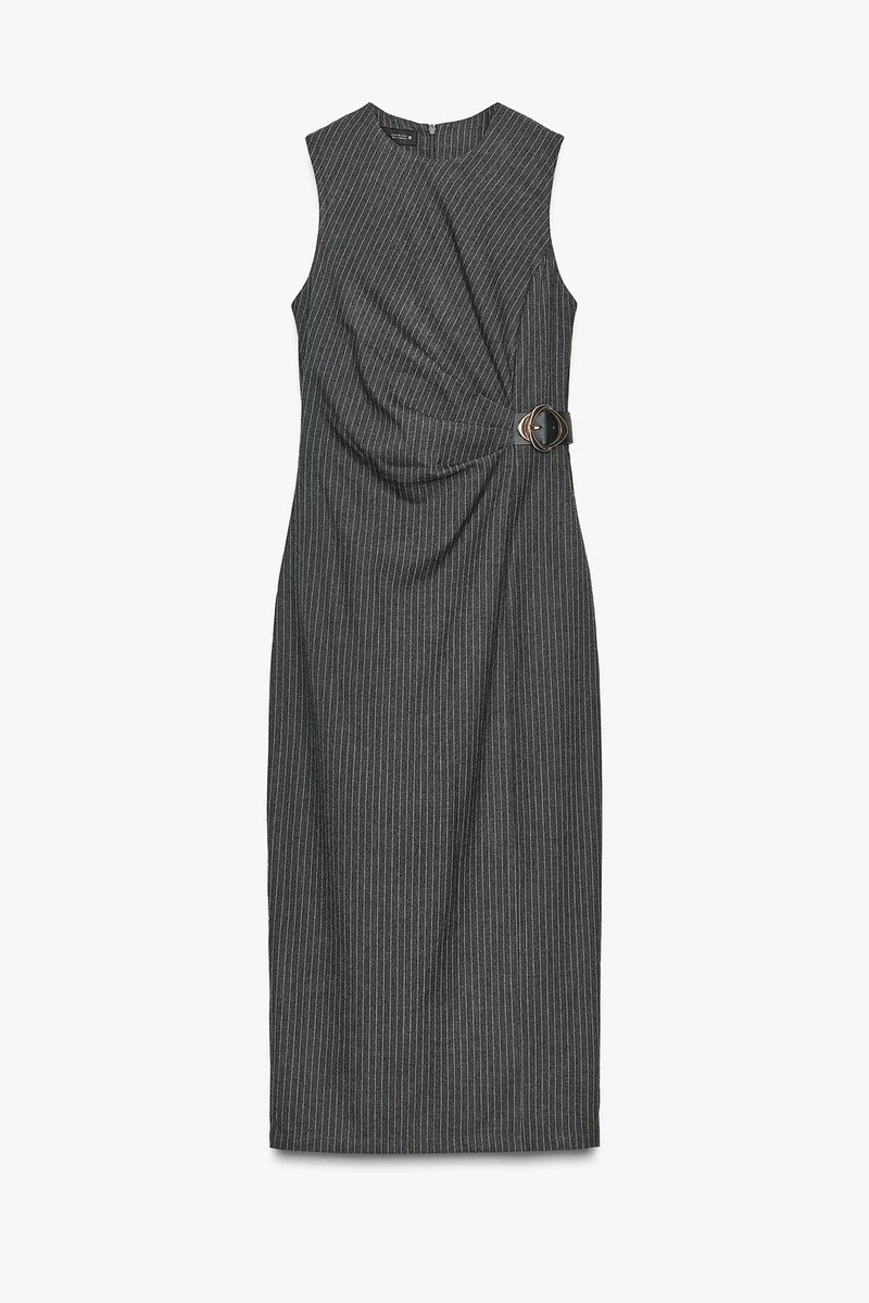 STRIPED MIDI DRESS WITH BUCKLE Grey