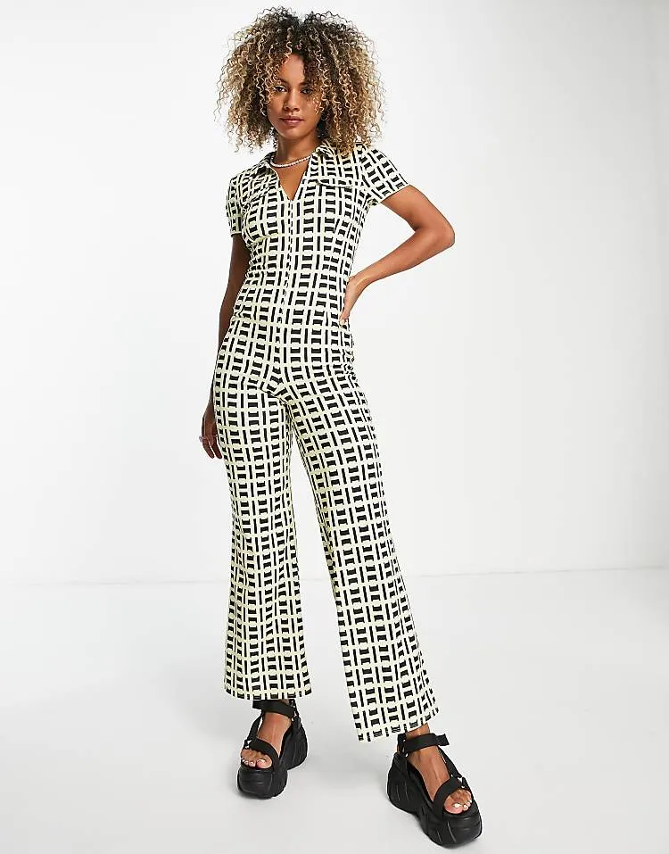 Collar Zip Front Rib Jumpsuit In Geo Print